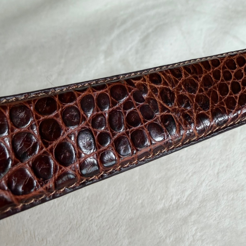 Polo Ralph Lauren Belt Mens 56 Brown Crocodile Embossed Italian Leather Silver - Picture 9 of 11